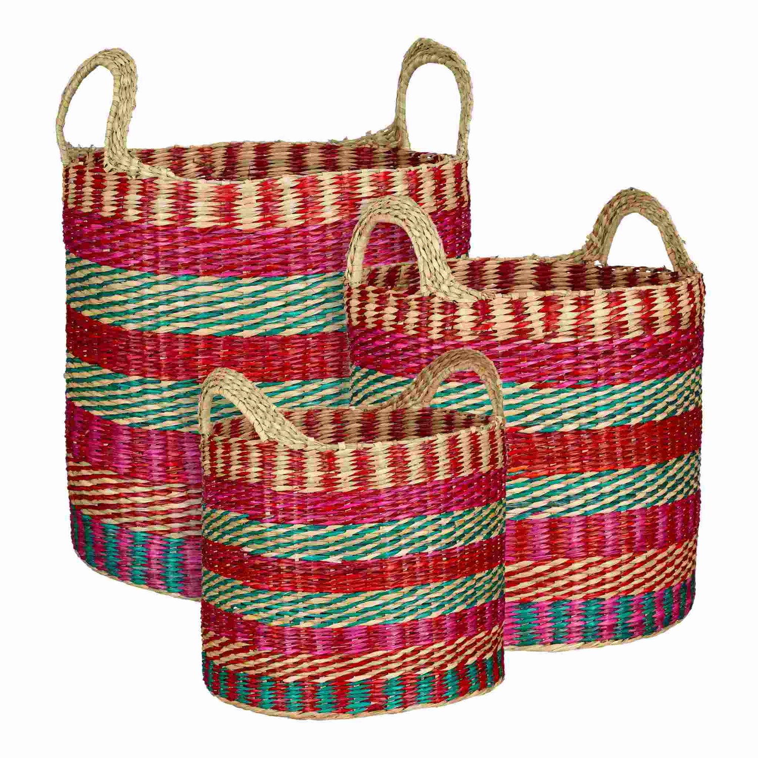 Mica Decorations Mand Fredo - 34x34x34 cm - Zeegras - Donker Roze - Set van 3