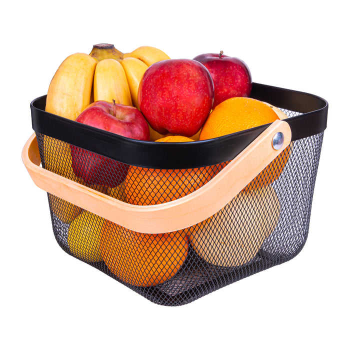 QUVIO Draagbare mand – Met houten handvat – Metaal - Zwart