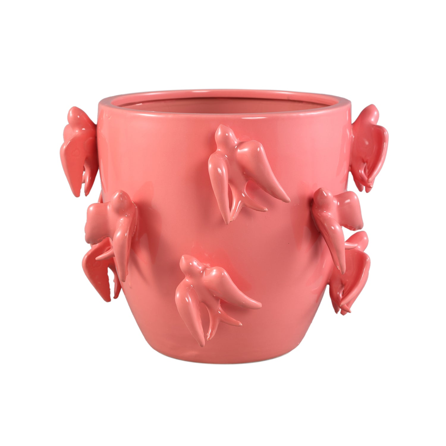 PTMD Emmelyn Pink Round Ceramic Glazed Pot Birds L
