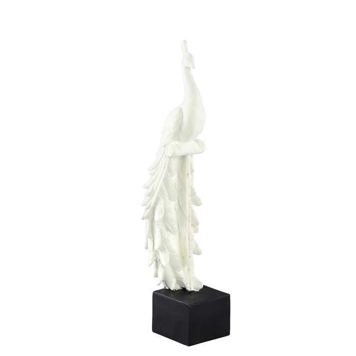 PTMD Annelie White flocking poly statue peacock on base