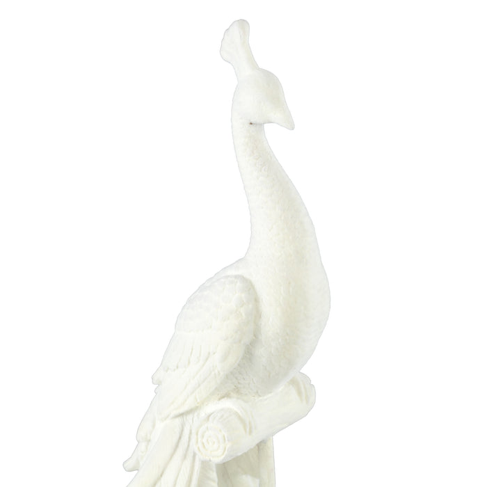 PTMD Annelie White flocking poly statue peacock on base