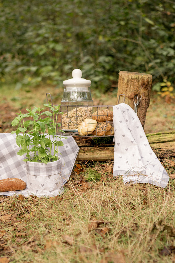 Clayre & Eef Theedoek 50x70 cm Beige Grijs Katoen Hartjes