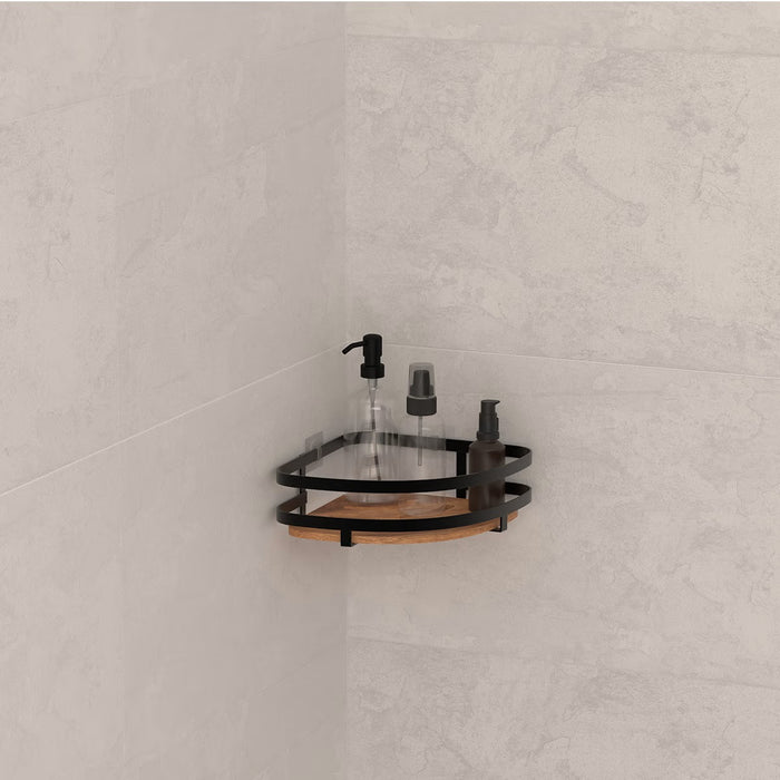 5Five Badkamer douche rekje - metaal|hout - zuignap - 20x20x7 cm