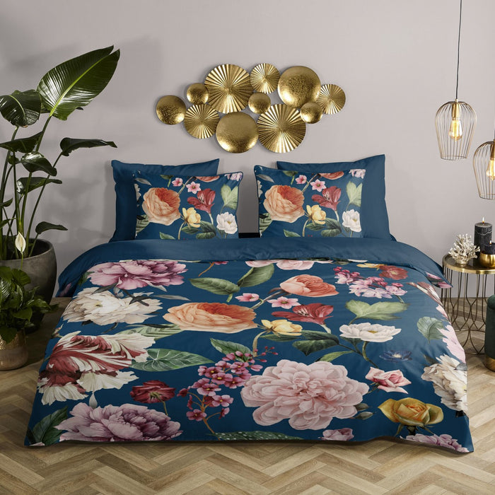 Descanso Dekbedovertrek Biologische Katoen Satijn Fiori - blue