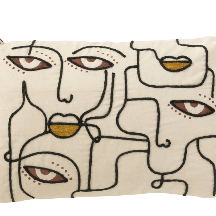 J-line - Kussen Gezichten Katoen Creme|bruin|zwart - 68x40x12cm