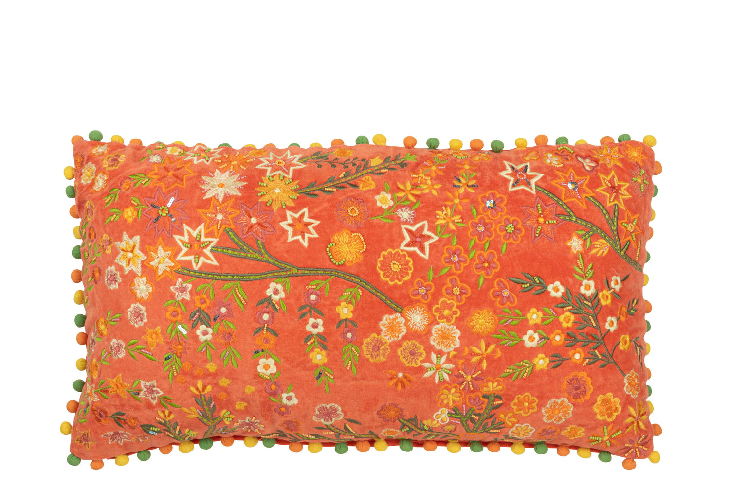 J-line - Kussen Rechthoek Bloemen+pompoms Fluweel Oranje - 65x35x15cm