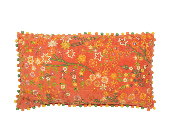J-line - Kussen Rechthoek Bloemen+pompoms Fluweel Oranje - 65x35x15cm