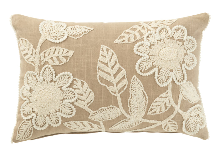J-line - Kussen Bloemen Borduurwerk Katoen Greige|creme - 50x35x15cm