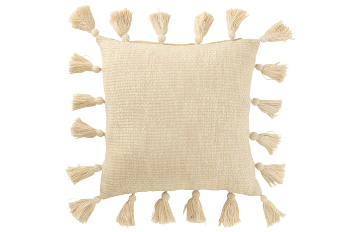 J-line - Kussen Gewoven Kwasten Katoen Beige - 45x45x15cm