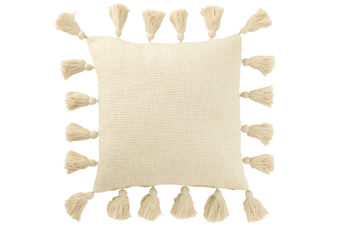 J-line - Kussen Gewoven Kwasten Katoen Wit - 45x45x15cm