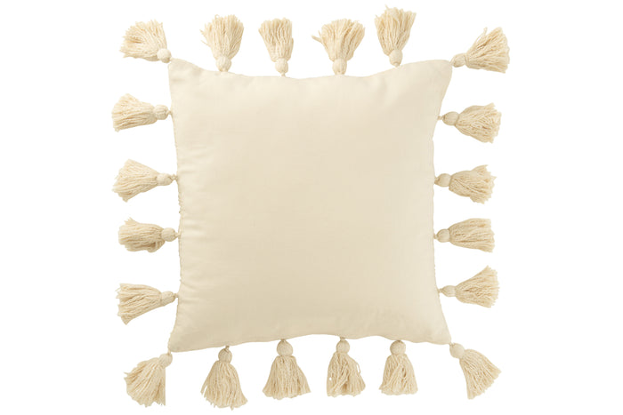 J-line - Kussen Gewoven Kwasten Katoen Wit - 45x45x15cm