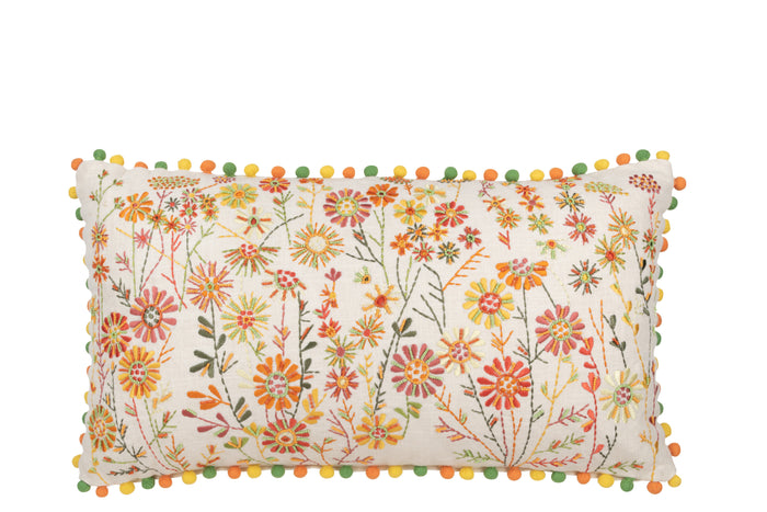 J-line - Kussen Rechthoek Bloemen Katoen Wit|oranje - 65x35x15cm
