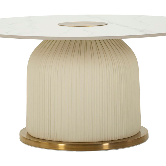 Salontafel in crème leer met marmeren blad cm ø 80x39,5