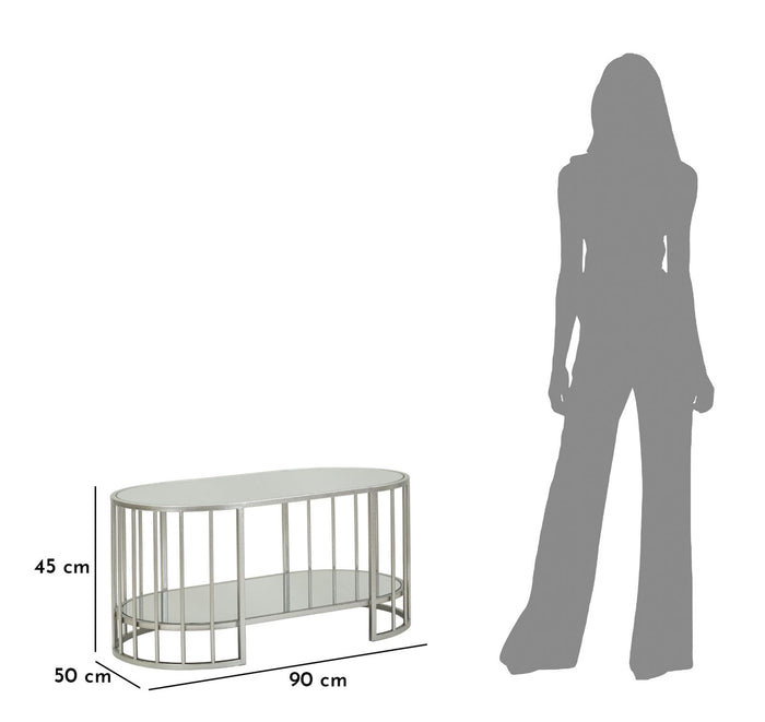 Salontafel in zilverkleurig metaal en glas cm 90x50x45