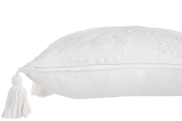 J-line - Kussen Bloemen+kwastjes Katoen Wit - 45x45x15cm