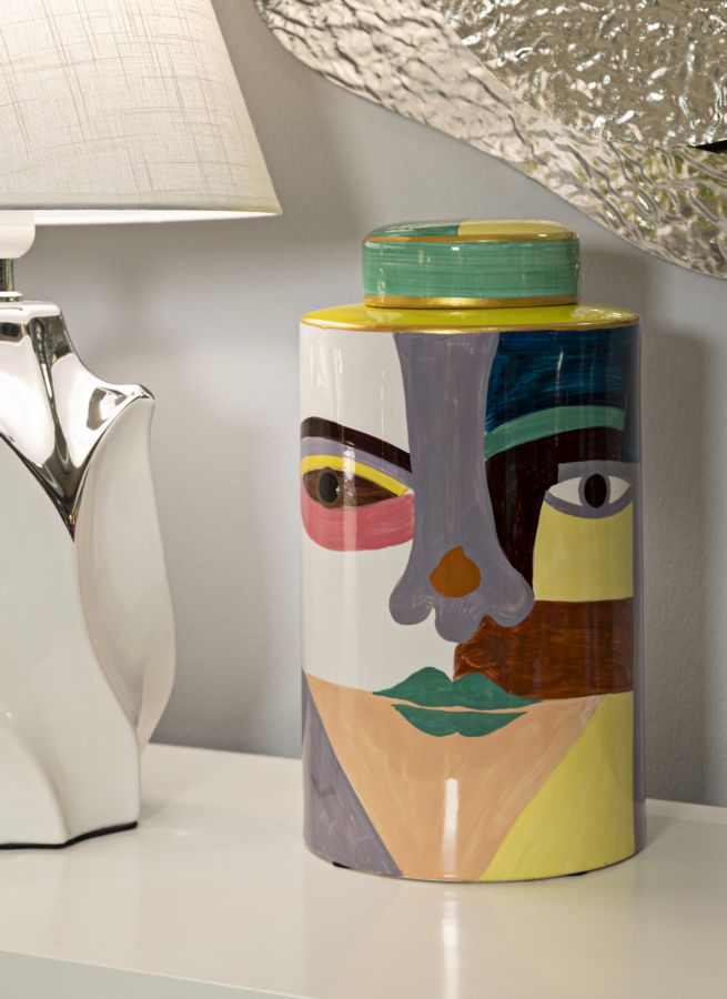 Veelkleurige keramische vaas met deksel cm ø 19x33