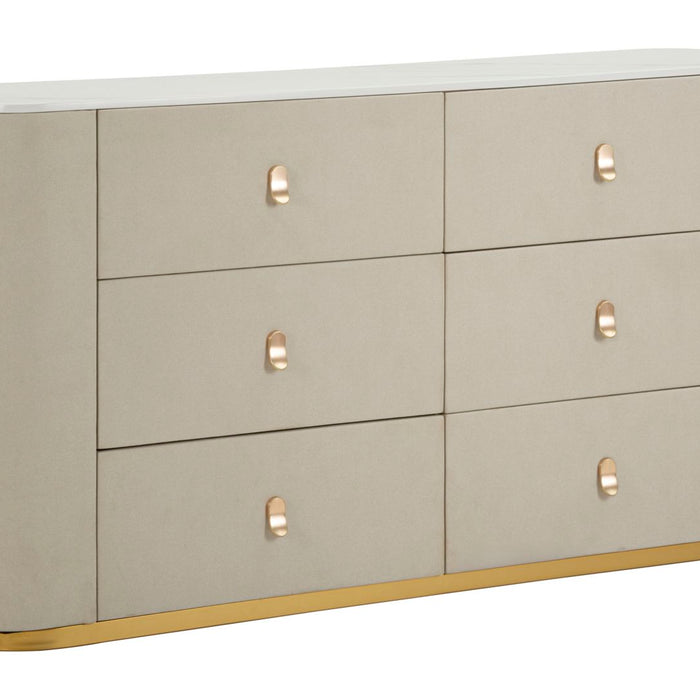 Kast in beige stof en goudkleurig metaal, 140x45x76 cm