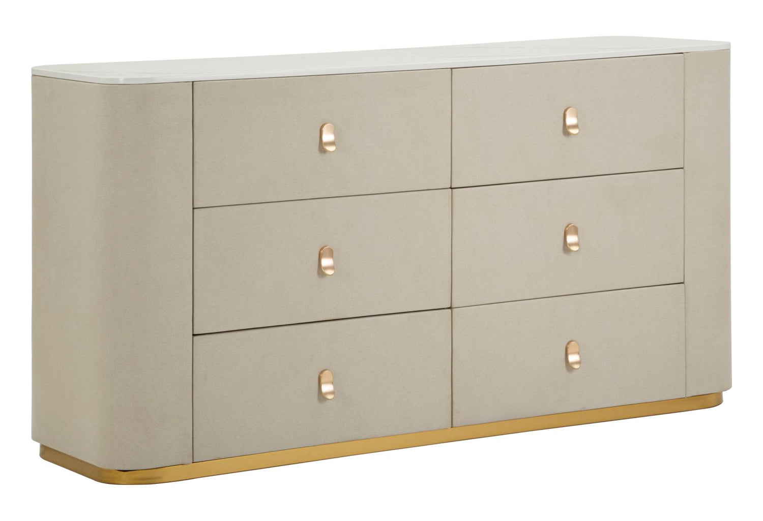 Kast in beige stof en goudkleurig metaal, 140x45x76 cm