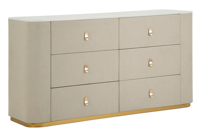 Kast in beige stof en goudkleurig metaal, 140x45x76 cm