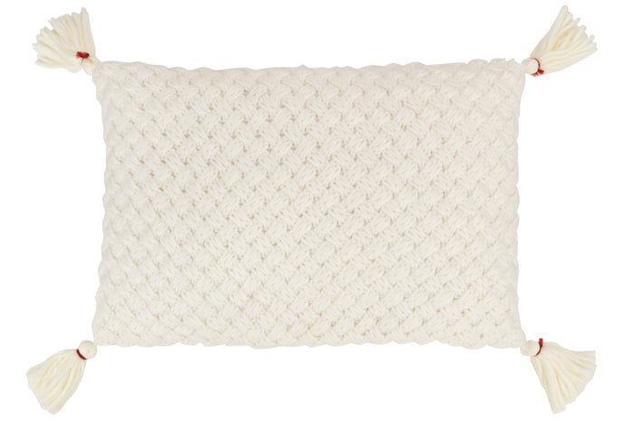 J-line - Kussen Gehaakt Kwast Acryl Wit - 58x39x10cm