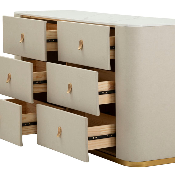 Kast in beige stof en goudkleurig metaal, 140x45x76 cm