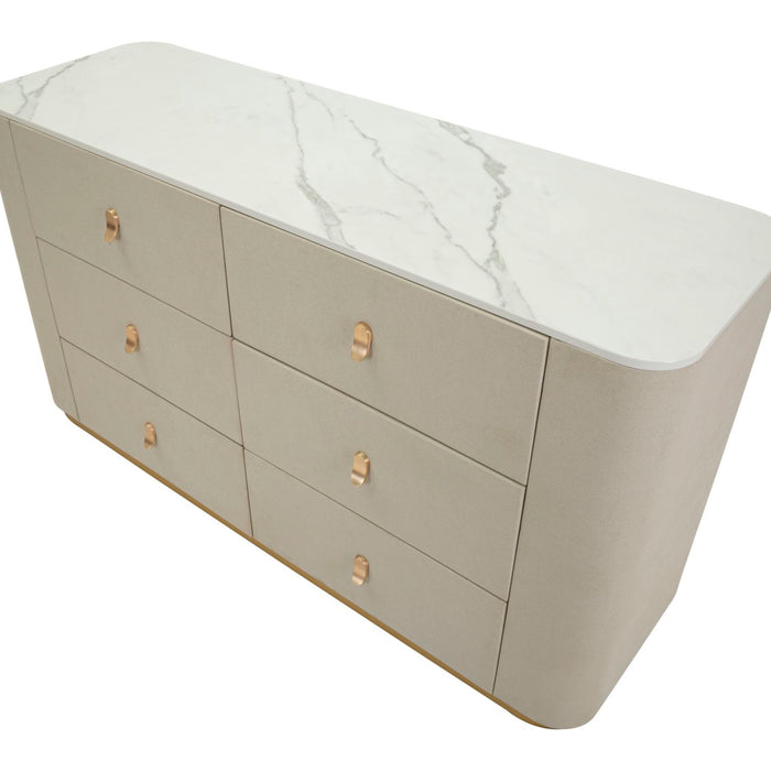 Kast in beige stof en goudkleurig metaal, 140x45x76 cm