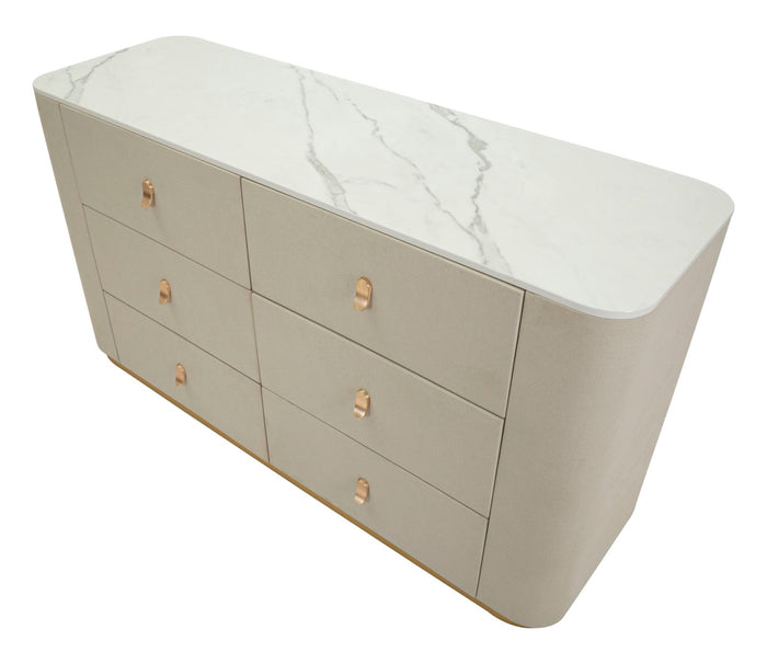 Kast in beige stof en goudkleurig metaal, 140x45x76 cm