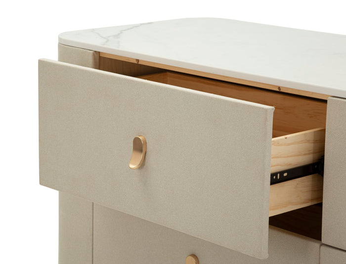 Kast in beige stof en goudkleurig metaal, 140x45x76 cm