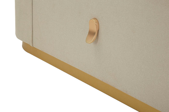 Kast in beige stof en goudkleurig metaal, 140x45x76 cm