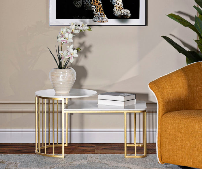 Salontafel in goudkleurig metaal en marmer cm 90x50x50