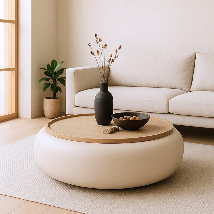 DÉJA Living - Salontafel Beige PU Leer|Essen Fineer - Ø102x34cm - Draby