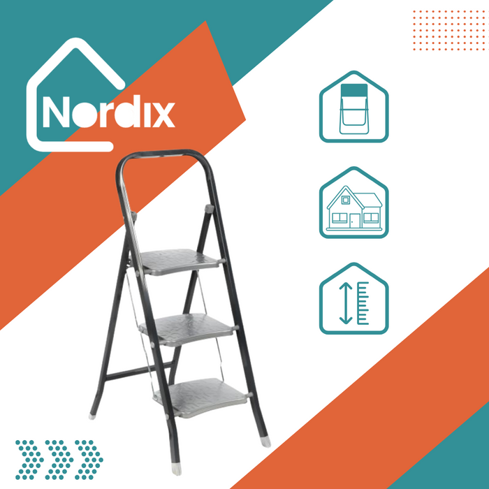 NORDIX Huishoudtrap Keukentrapje 3 treden Opstapje Opvouwbaar Zwart...