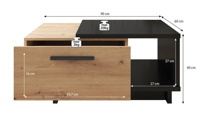Meubella - Salontafel Incala - Eiken - Zwart - 90 cm