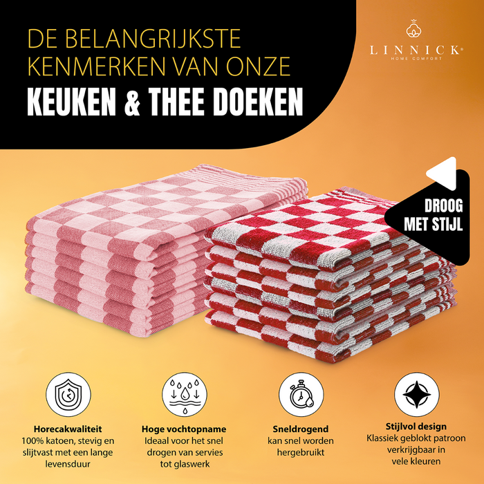 LINNICK Theedoeken & Keukendoeken Set Blok - rood - set van 12