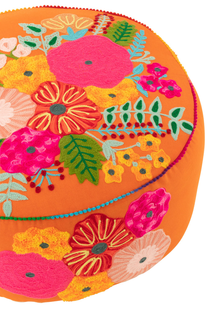 J-Line poef Rond Bloemen Geborduurd - katoen|polyester - oranje