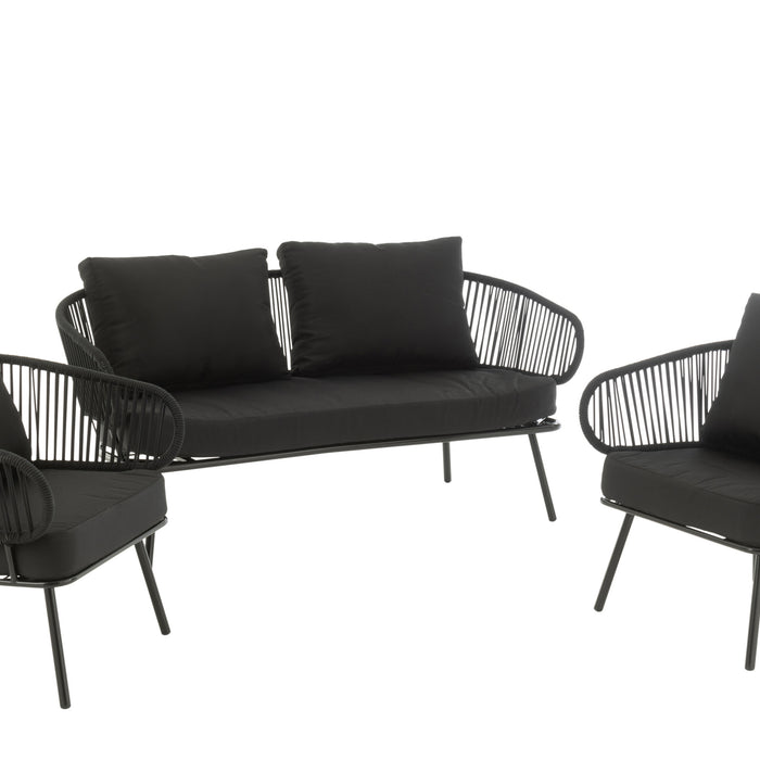 J-Line stoel|bank Poa - metaal|rotan - zwart - set van 3