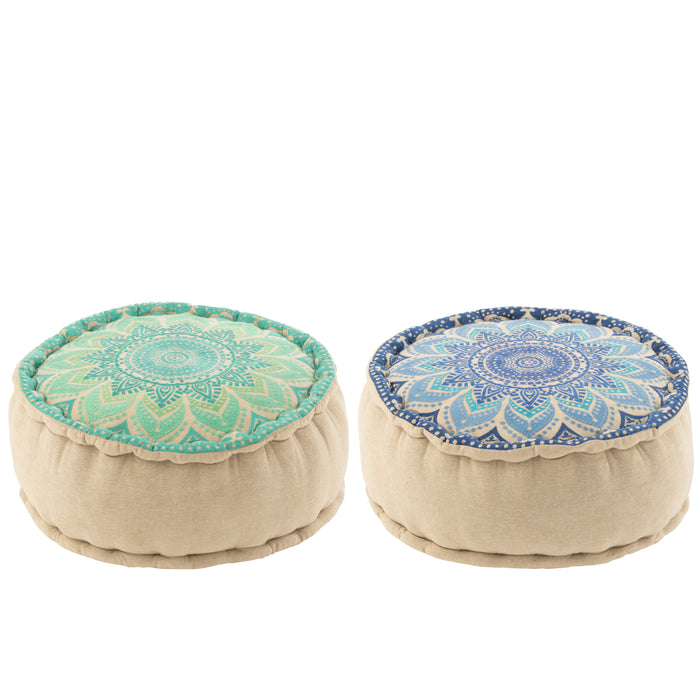 J-Line poef Rond Bloem - katoen - turquoise|blauw - 2 stuks