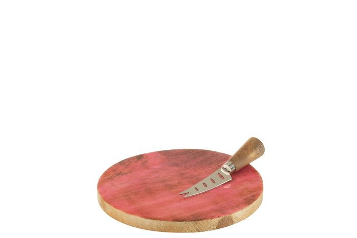 J-Line kaasplank + mes Rond - hout - roze
