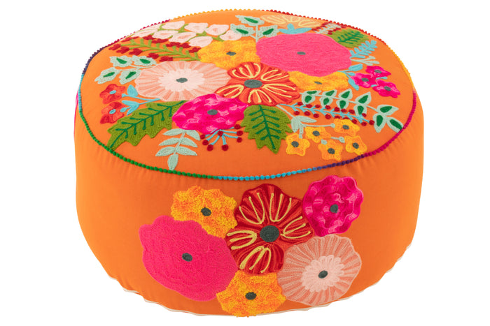 J-Line poef Rond Bloemen Geborduurd - katoen|polyester - oranje