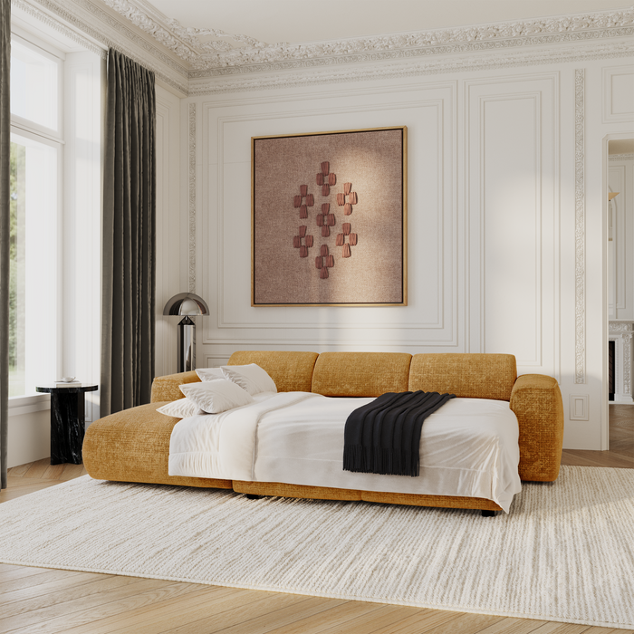 Slaapbank, linker hoek, 5 zits, mosterd fluweel met reliëf