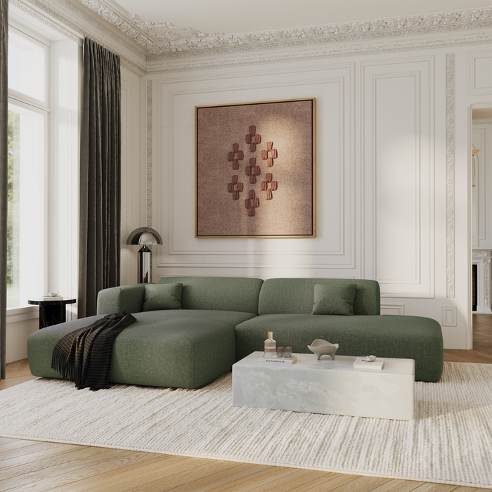 Hoekbank links, open, olijfgroene geweven stof, 5 zitplaatsen