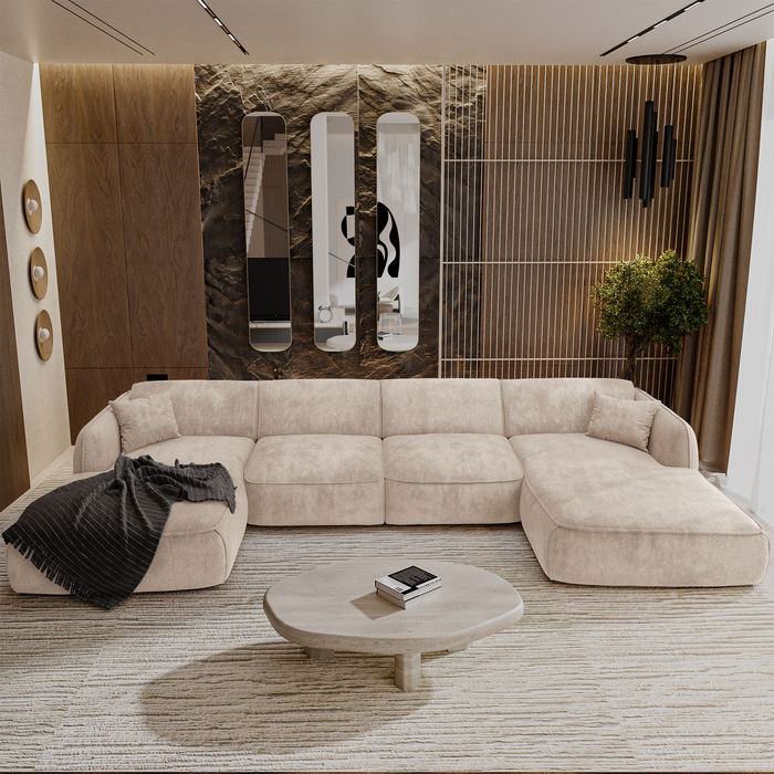 Panoramabank voor 7 personen in crèmekleurig geweven fluweel