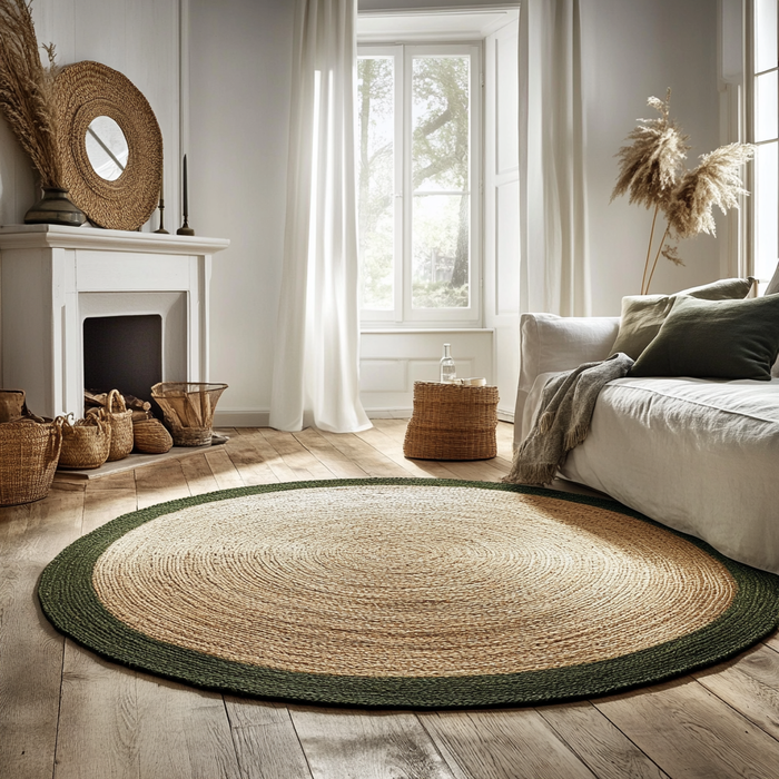Mrcarpet Rond jute vloerkleed naturel|Groen met rand 120cm