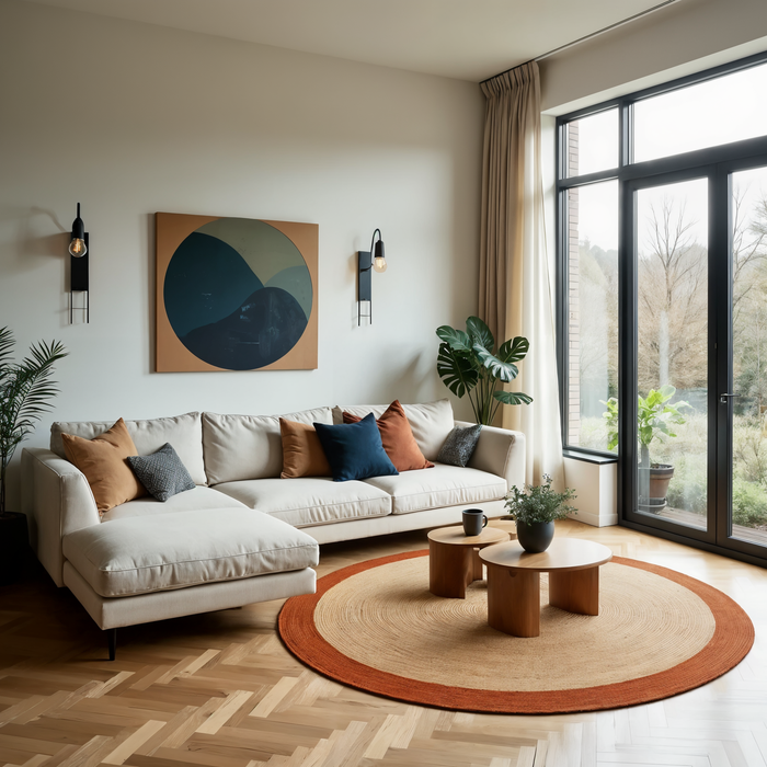 Mrcarpet Rond jute vloerkleed naturel|roest|bruin met rand 240cm