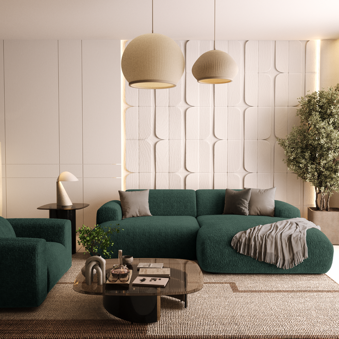 Rechterhoekbank, 4-zits, smaragdgroen fluweel met patroon, 266 cm