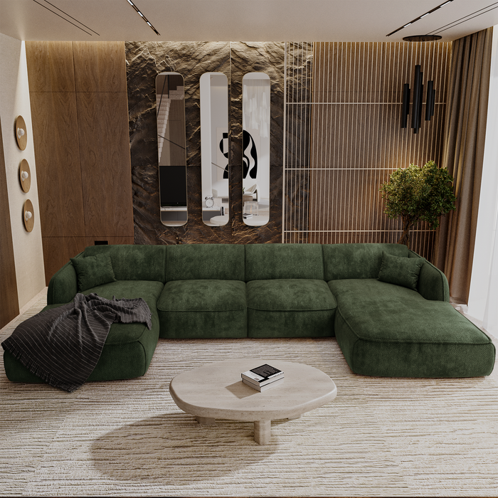 7-zits panoramabank in olijfgroen geweven fluweel
