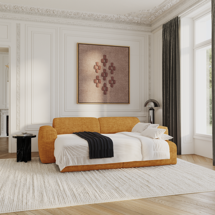 4-zits slaapbank in getextureerd mosterdkleurig fluweel