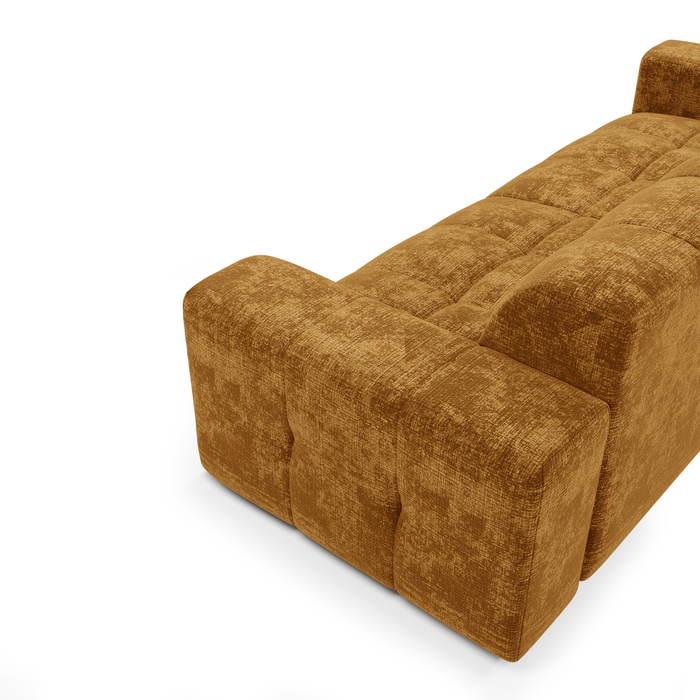 Vierzitsbank in mosterdkleurig fluweel met reliëf.