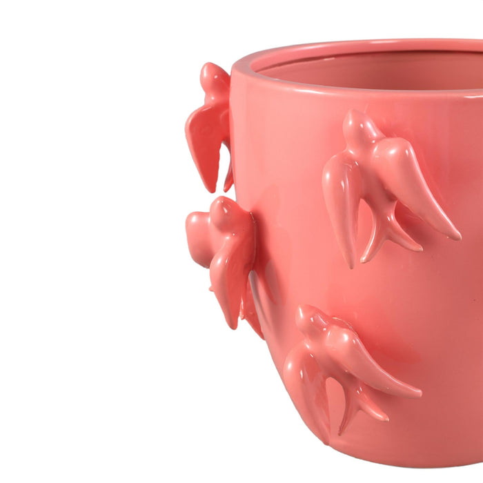 PTMD Emmelyn Pink Round Ceramic Glazed Pot Birds L