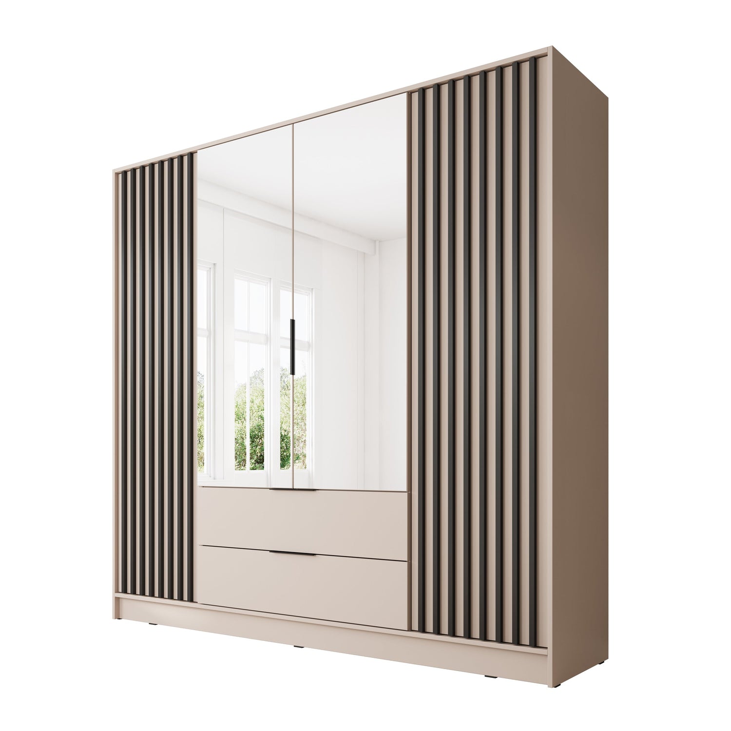 Meubella - Kledingkast Nairobi - Beige - Zwart - 206 cm - met spiegel